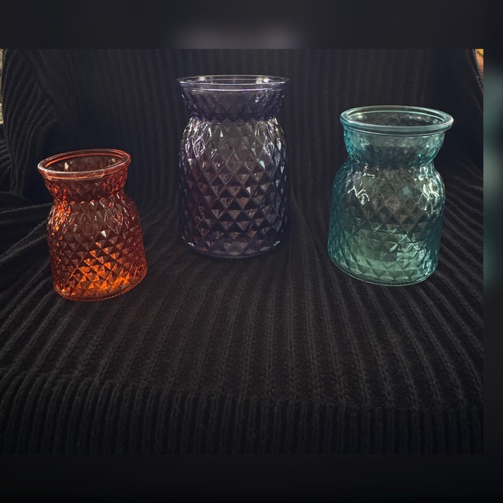 Set of Three Elegant Glass Vase Set - Orange, Purple, and Light Blue
